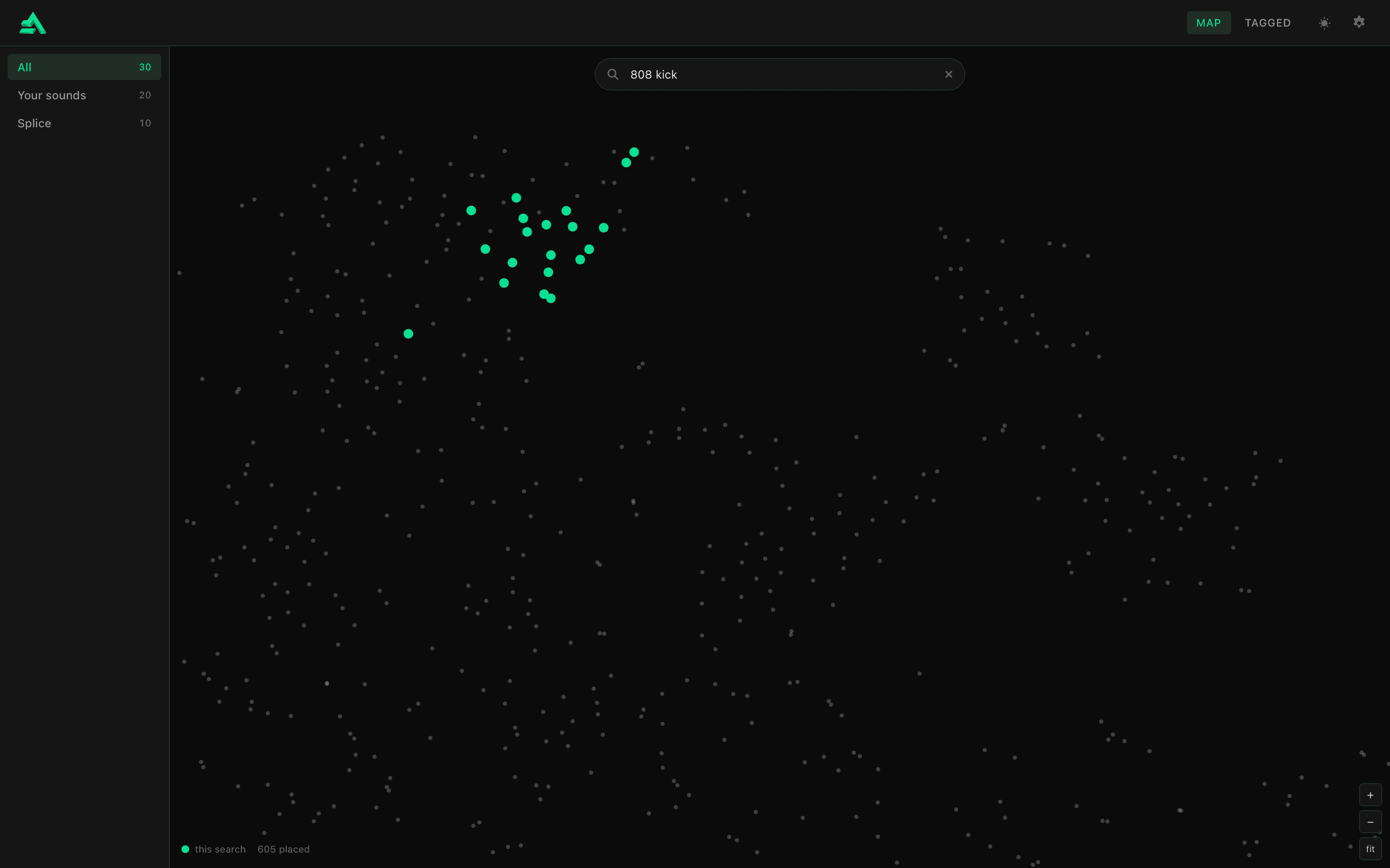 The AirGear map after a search for 808 kick: the library as grey dots, with the results lit up together in one pocket.